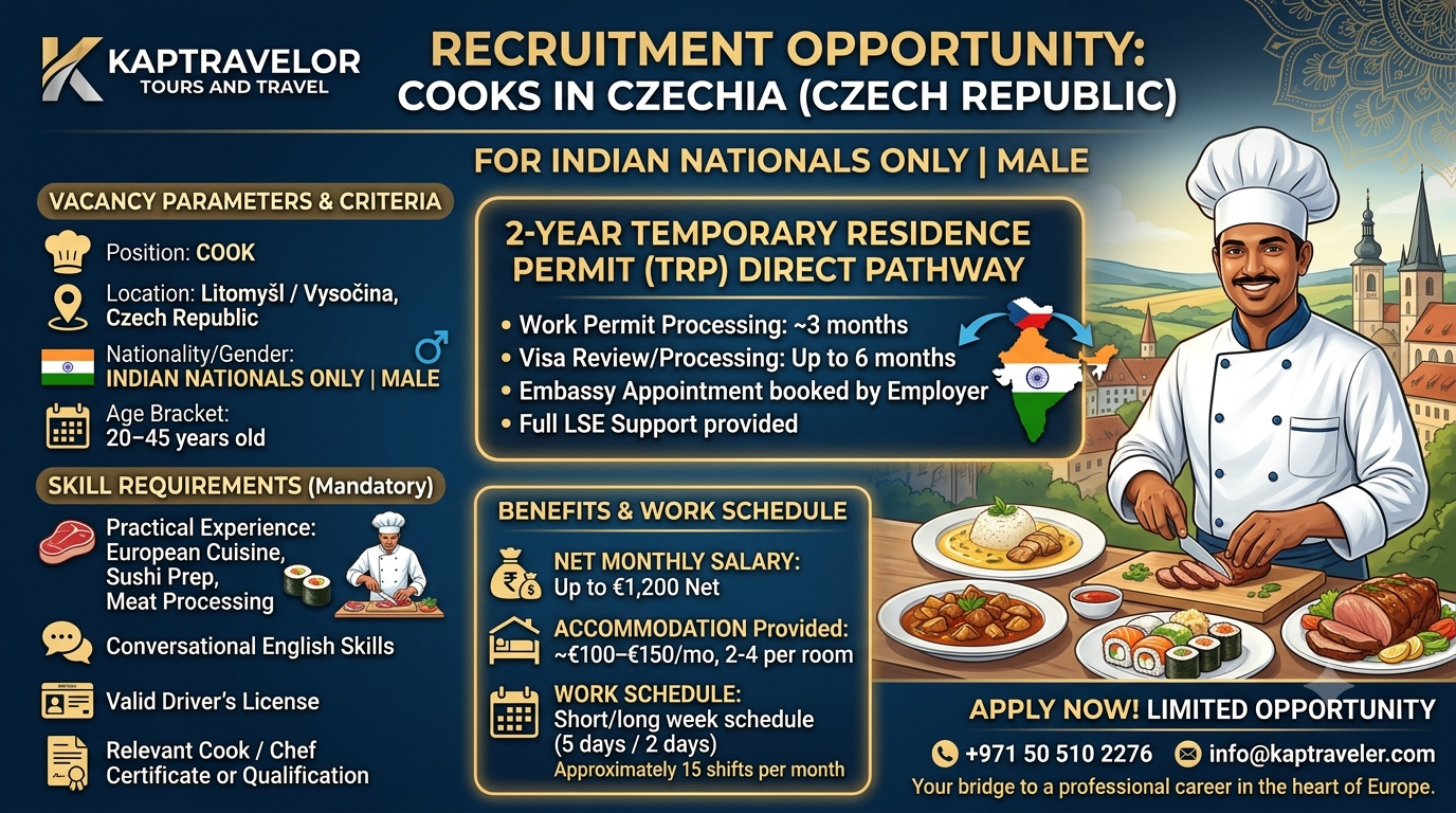 recruitment opportunity for an experienced Cook in Czechia (Czech Republic) offering a direct 2-year Temporary Residence Permit (TRP) pathway.